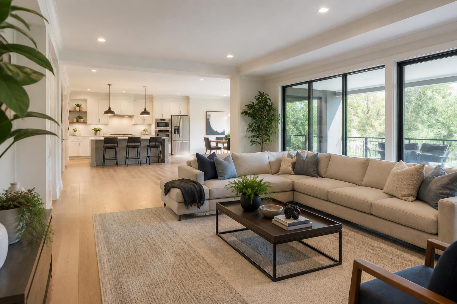 Modern open-concept living room featured in an AI virtual house tour